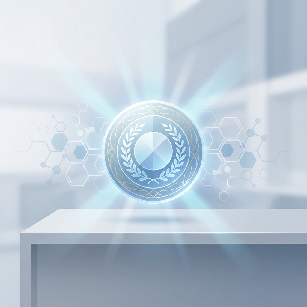 Glowing FDA approved list certification seal with biotech molecular patterns symbolizing biologic regulatory compliance