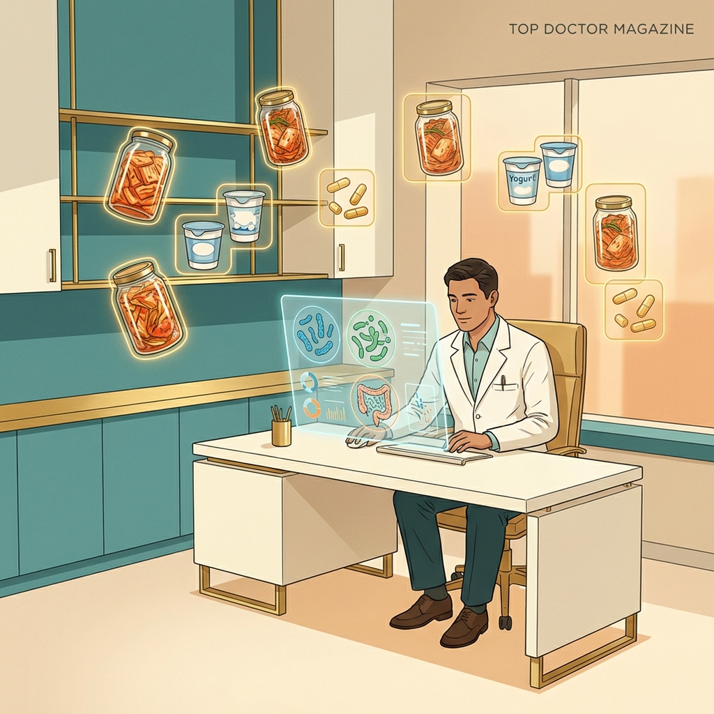 Doctor reviewing probiotics gut health doctor recommendations with microbiome data in modern clinical setting