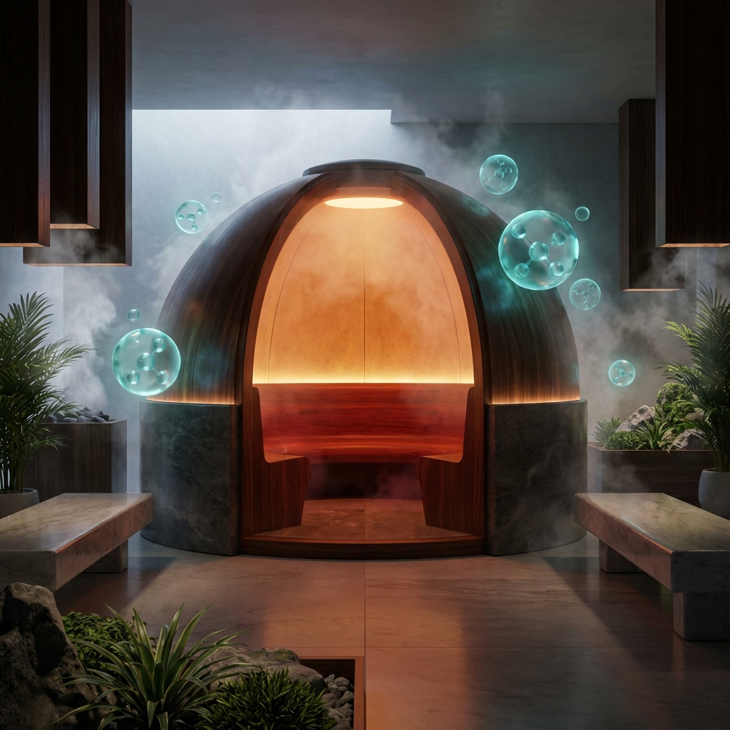 Glowing infrared sauna dome with ozone therapy elements illustrating infrared saunas detoxification concept
