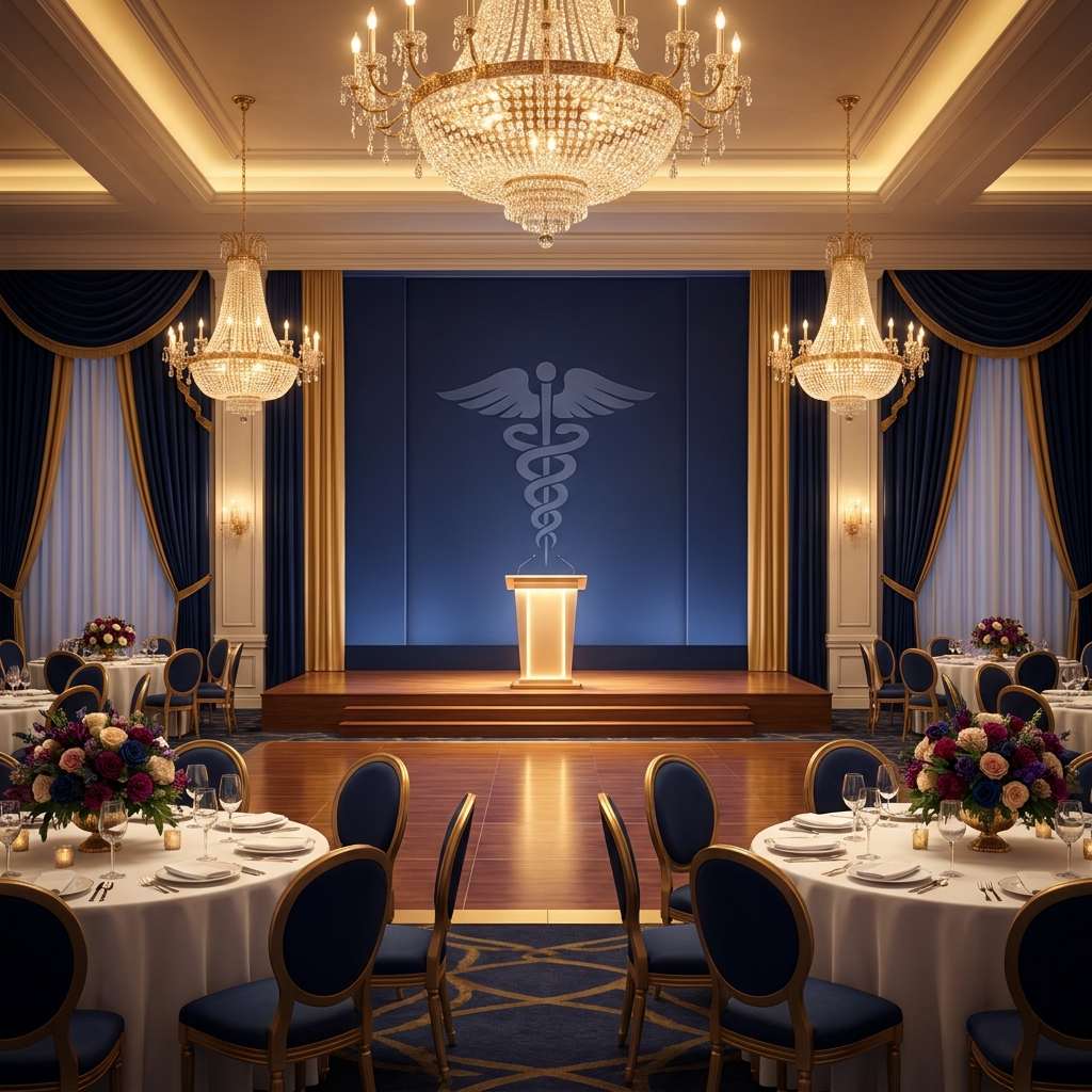 Elegant healthcare awards gala ballroom with golden lighting and a prestigious award podium for United States 2026
