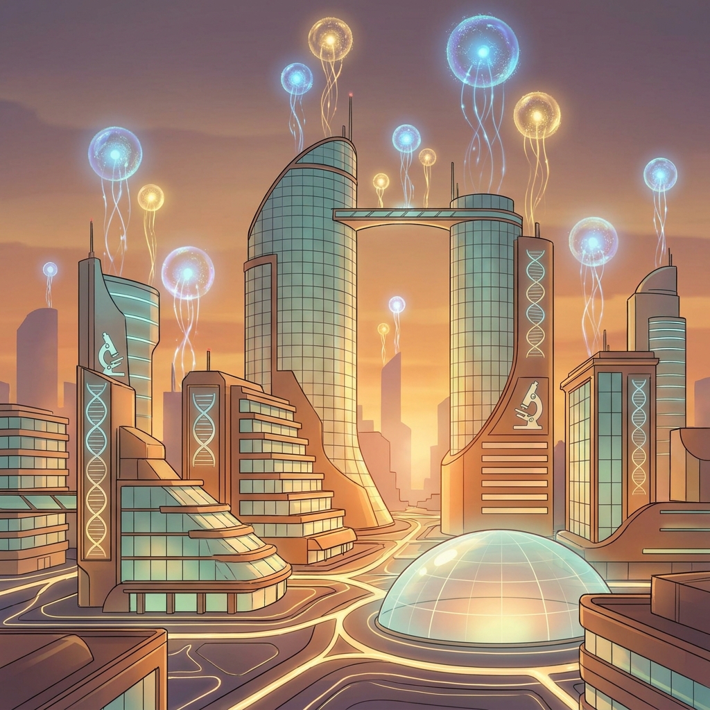 Reno regenerative medicine market growth illustrated as a glowing biotech cityscape at golden hour