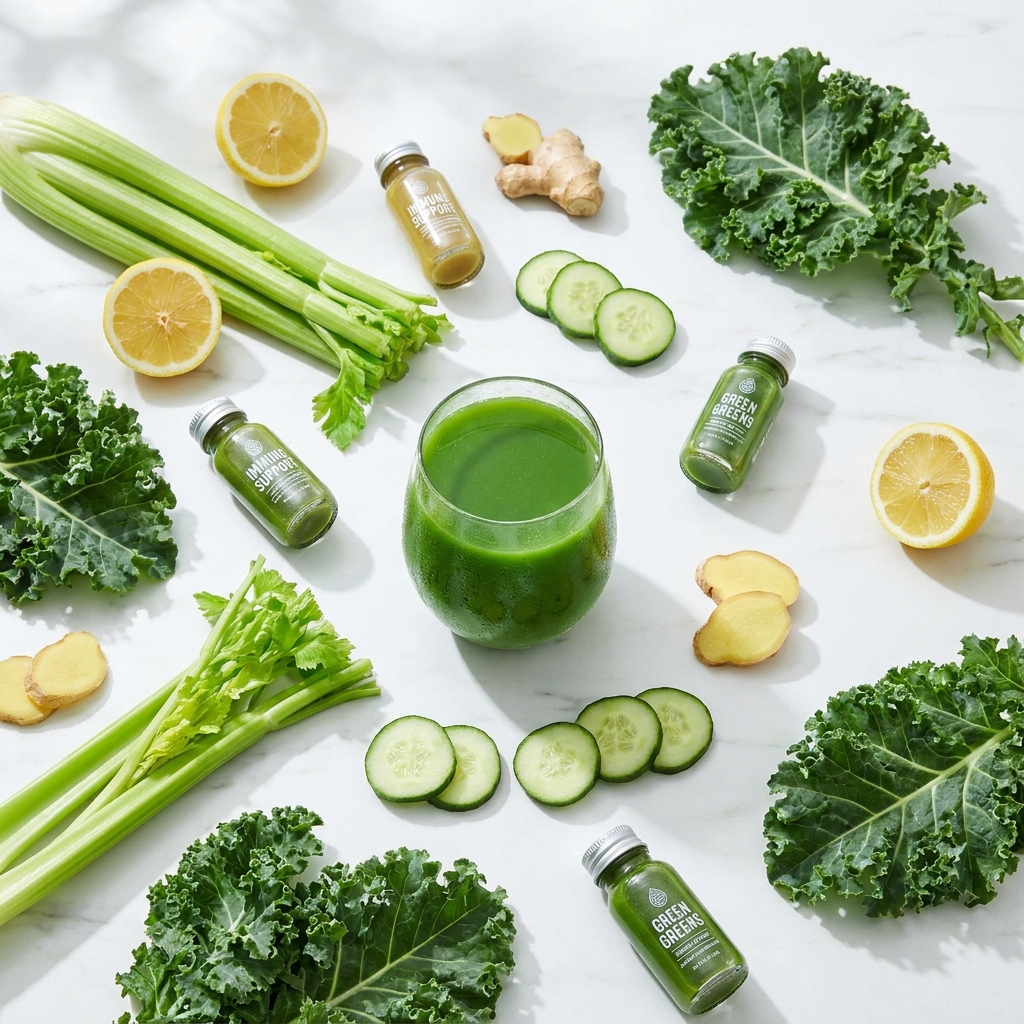 Fresh green vegetables and juice glass arranged as juicing for detoxification recipes on white marble