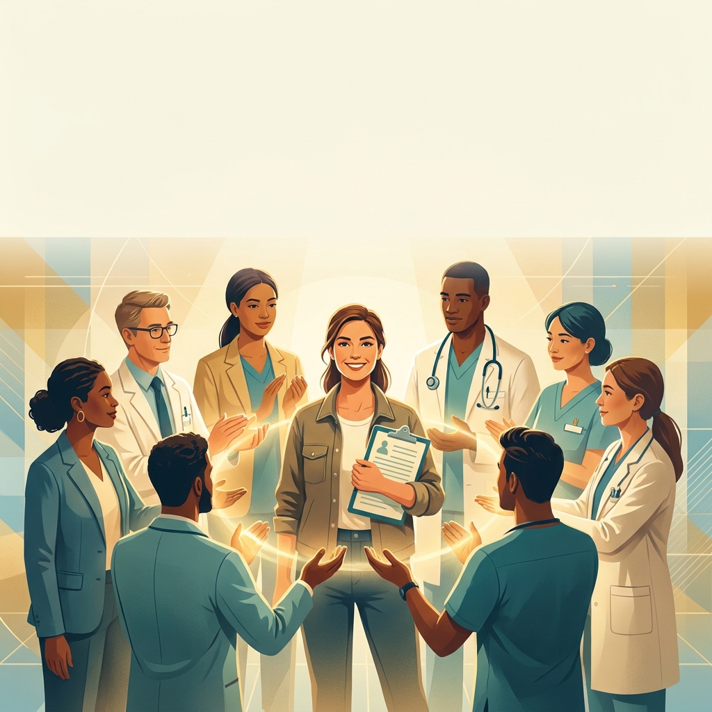 Patient surrounded by supportive healthcare team illustrating health insurance navigation patient tips for 2026