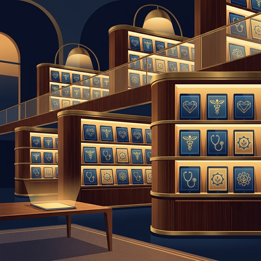 Illustrated archive library of Top Doctor Magazine issues organized by topic and year on glowing digital shelves