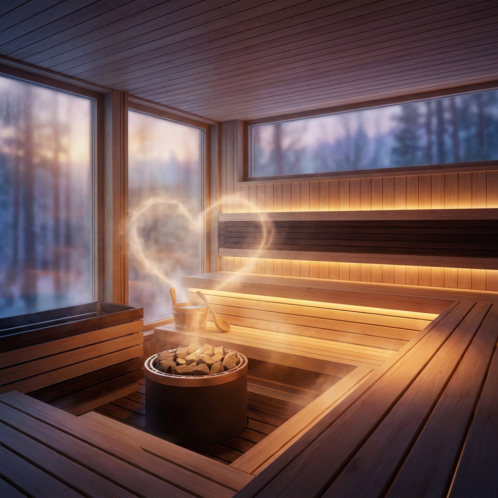 Warm glowing sauna interior with rising steam, representing sauna health benefits cardiovascular research