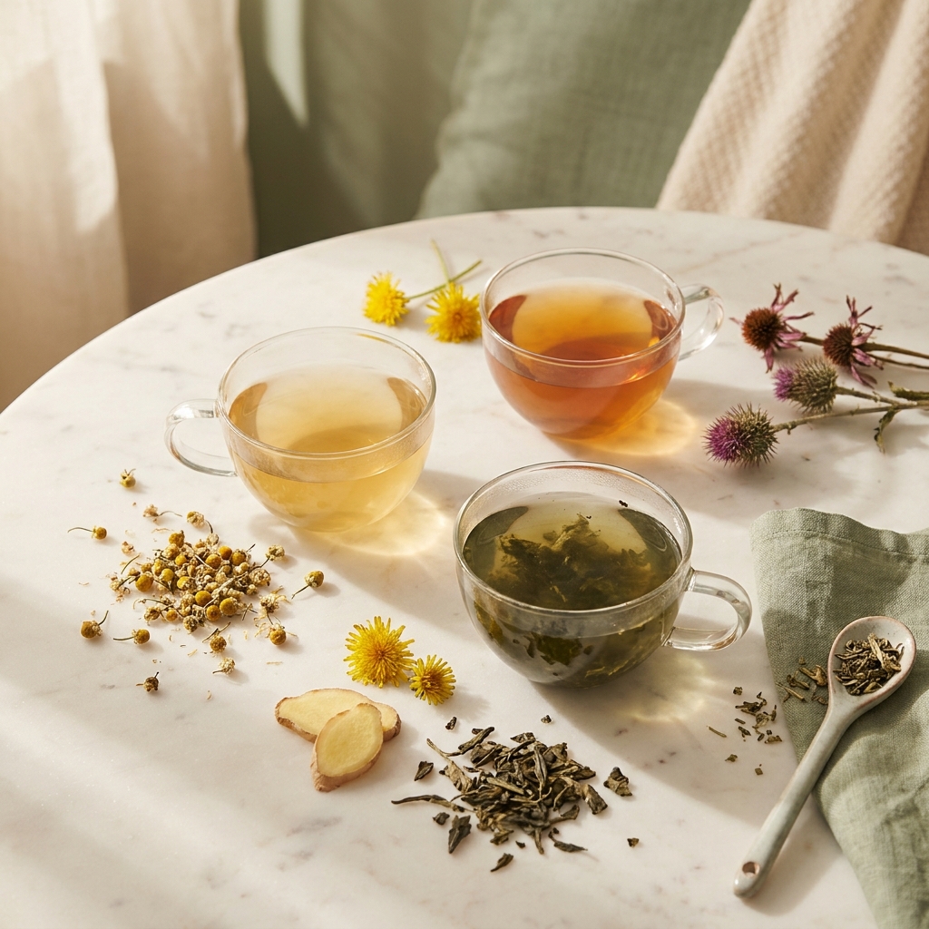 Assorted herbal teas for detoxification arranged with fresh botanicals on white marble surface