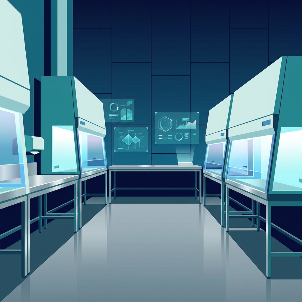 Modern cellular therapy lab interior with glowing biosafety cabinets and digital compliance data visualizations
