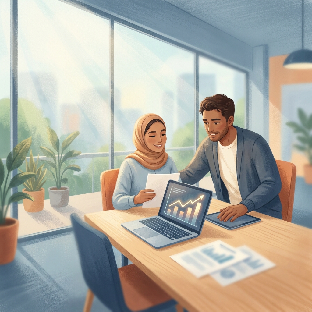 Patient meeting with financial counselor to explore medical debt solutions and patient resources in a modern office