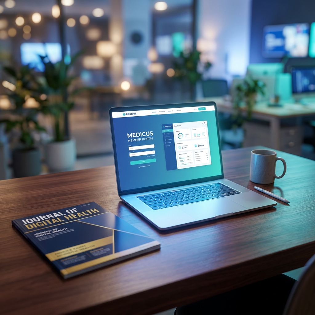 Laptop displaying a member login portal for topdoctormagazine.com member access on a professional desk
