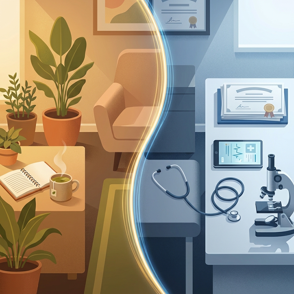 Illustration showing health coaching vs medical advice difference through contrasting warm wellness and clinical medical environments