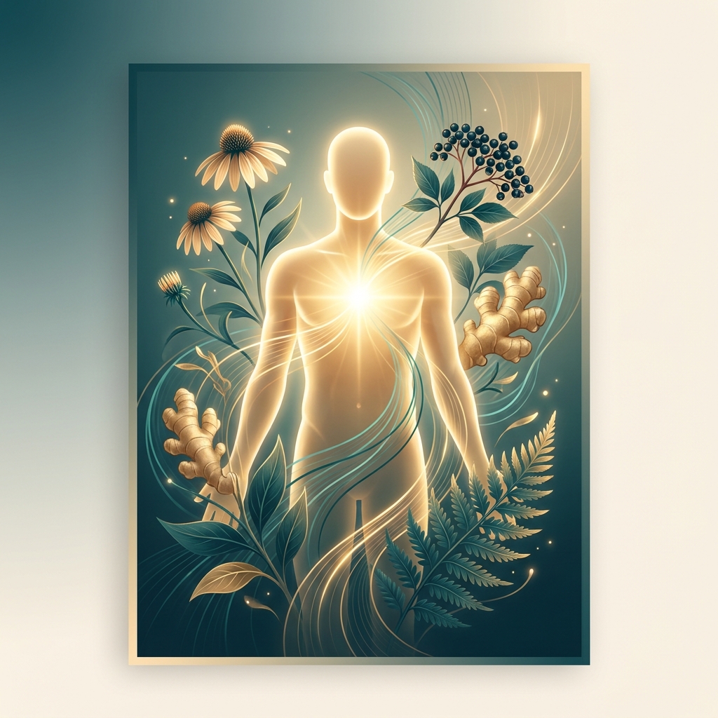 Glowing human silhouette surrounded by botanical herbs representing alternative medicine for allergies and immune system support