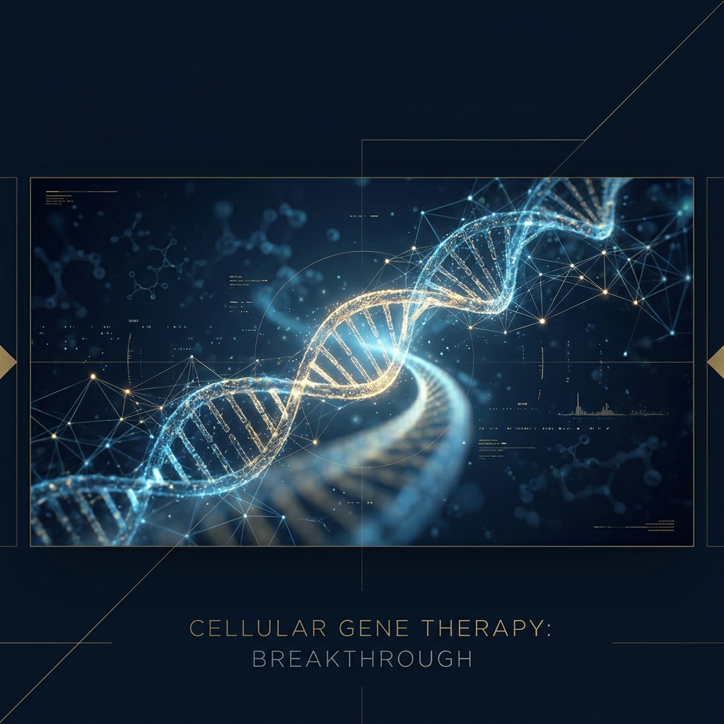 Abstract illustration of glowing DNA strands representing cellular gene therapy breakthroughs and compliance innovation in 2026