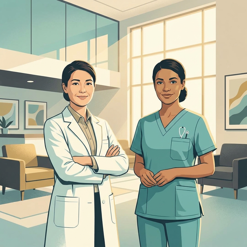 Nurse practitioner and physician assistant healthcare roles illustrated as two confident professionals in a modern clinical setting