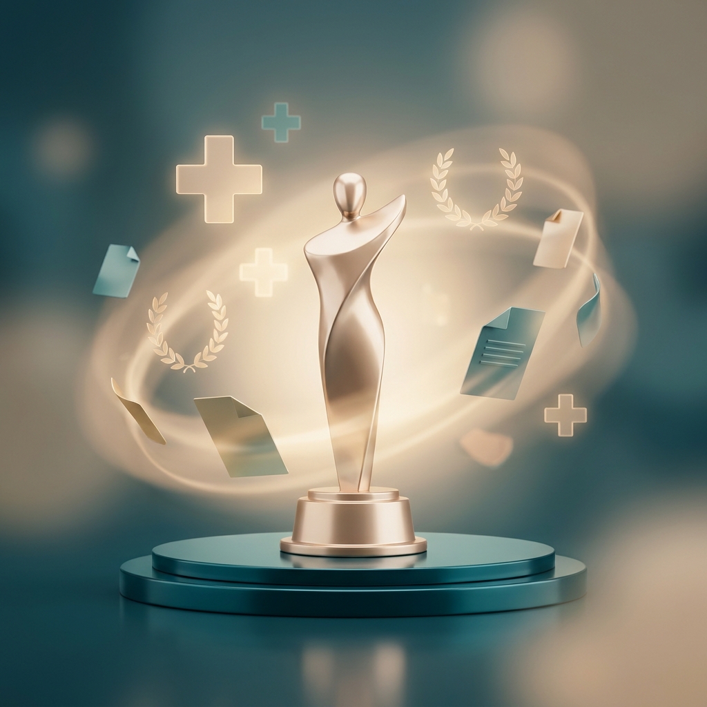 Golden award trophy with medical symbols representing the health and wellness award nomination process