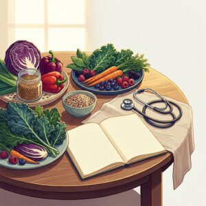 Plant-based foods and stethoscope on consultation table representing plant-based diet doctor recommendations