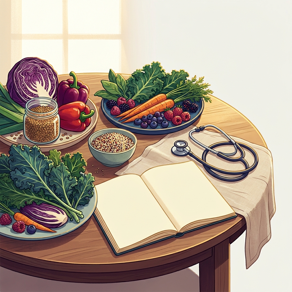 Plant-based foods and stethoscope on consultation table representing plant-based diet doctor recommendations