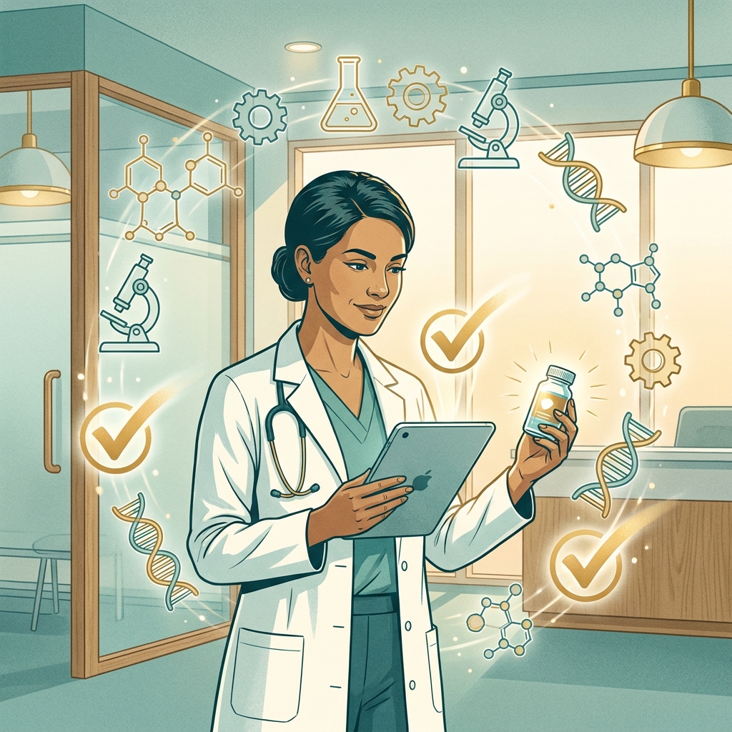 Doctor reviewing wellness products with scientific icons, representing a doctor-endorsed wellness product review process.
