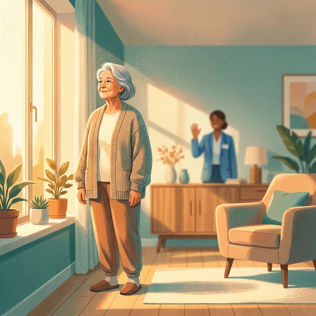 Older adult standing independently in sunlit home, representing occupational therapy health independence guide outcomes.