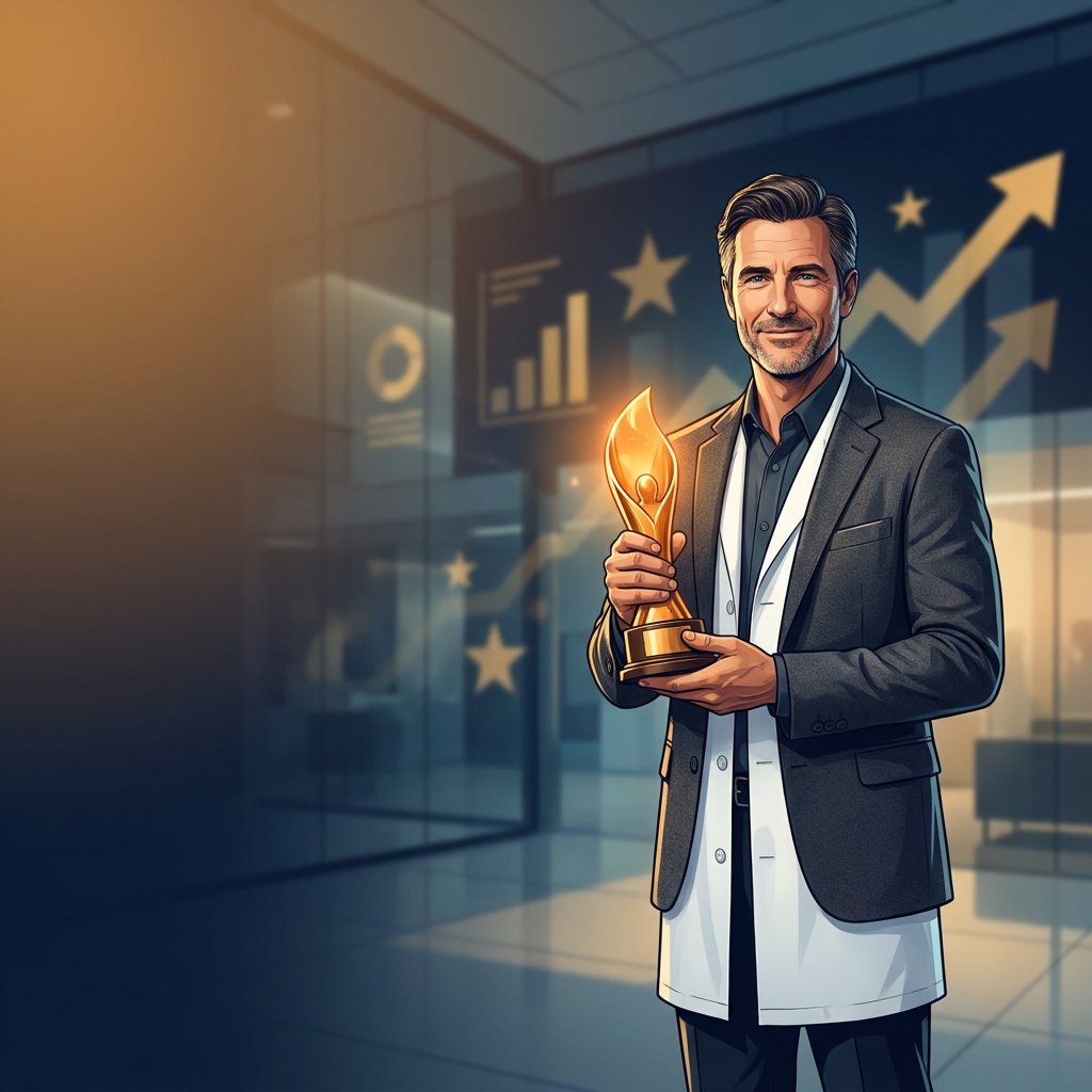 Physician holding a prestigious award trophy, representing healthcare professional recognition program benefits and career growth.