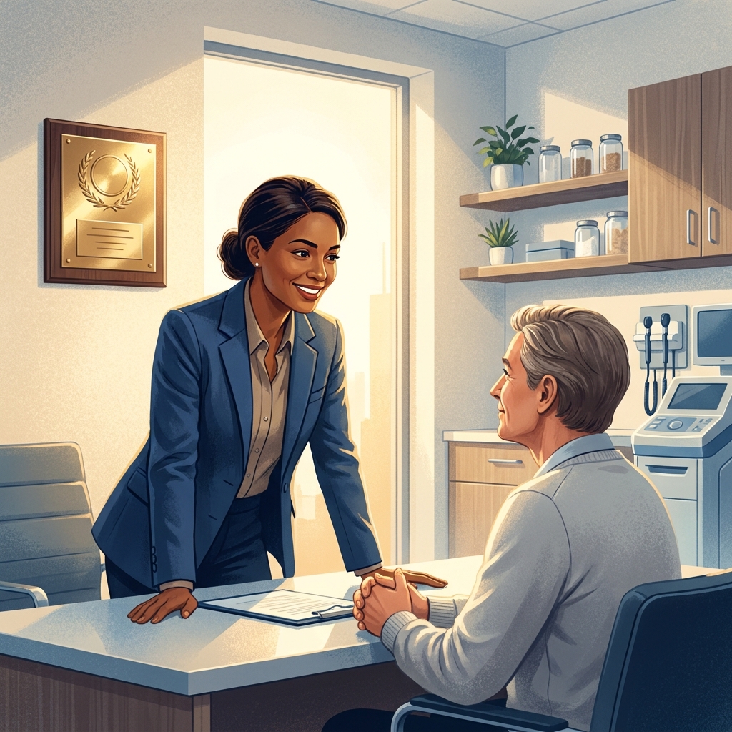 Trusted physician with medical award recognition building patient trust in a modern clinic setting