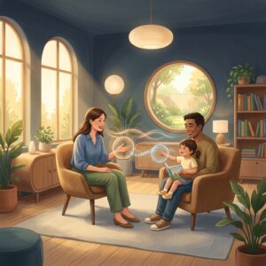 Speech therapist warmly consulting with a family, representing speech therapy communication health benefits