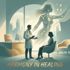 Stylized illustration representing lymphatic system health with a physician consultation setting for a doctor guide