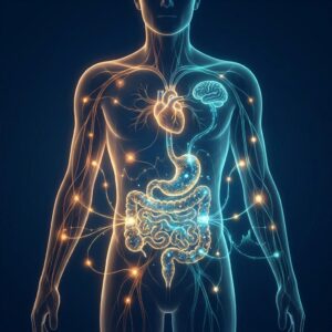 Illustrated human silhouette showing gut health inflammation connection with glowing pathways linking digestive system to heart and brain