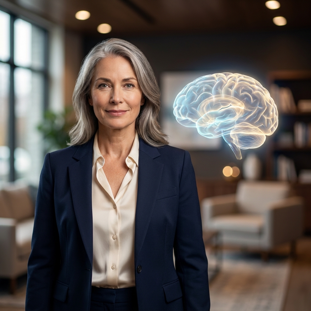 Neurologist with glowing brain illustration representing a neurology brain health doctor perspective for Americans over 40
