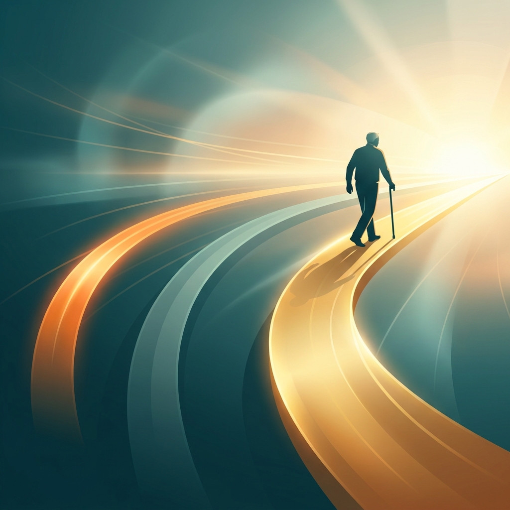 Conceptual illustration of health span vs lifespan showing a glowing path toward healthy aging, representing longevity medicine