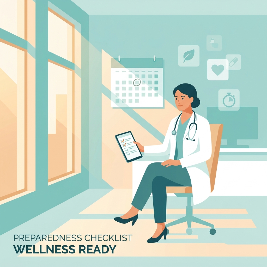 Doctor reviewing emergency preparedness health recommendations on a tablet in a modern clinic setting
