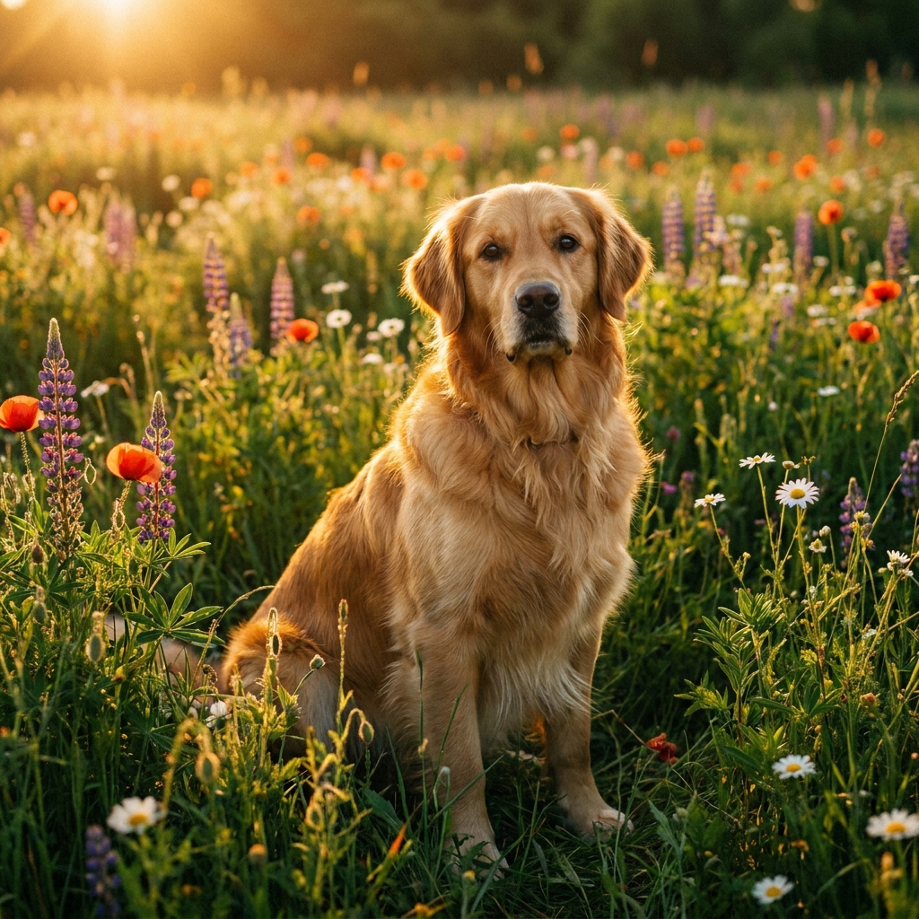 Healthy golden retriever sitting in sunlit meadow, representing golden retriever longevity and vitality