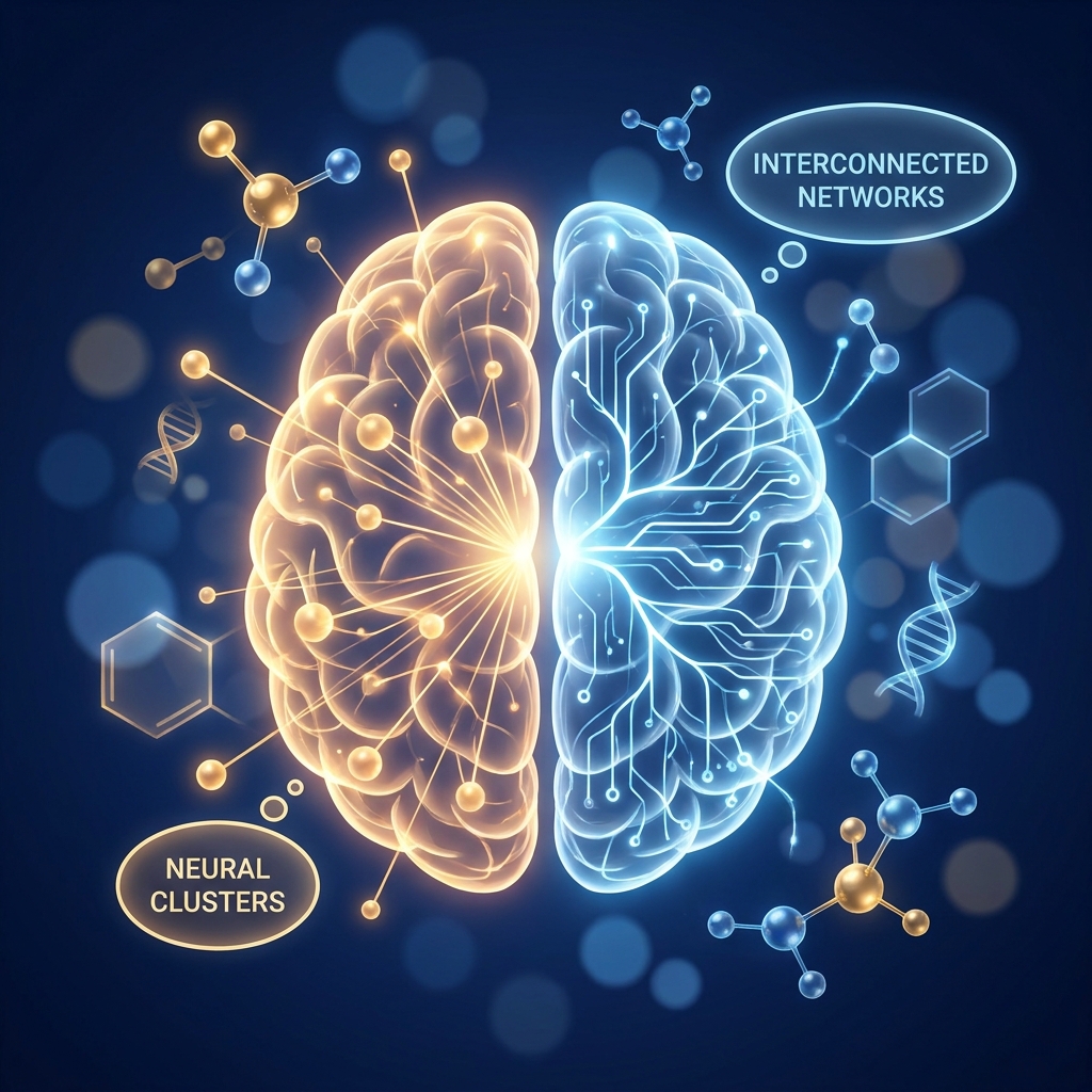 Stylized brain illustration showing two distinct neural systems — supporting the best supplements for brain health and memory.