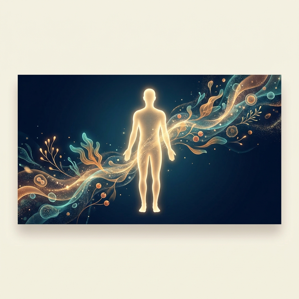 Glowing human silhouette surrounded by botanical particles representing longevity supplements and cellular renewal