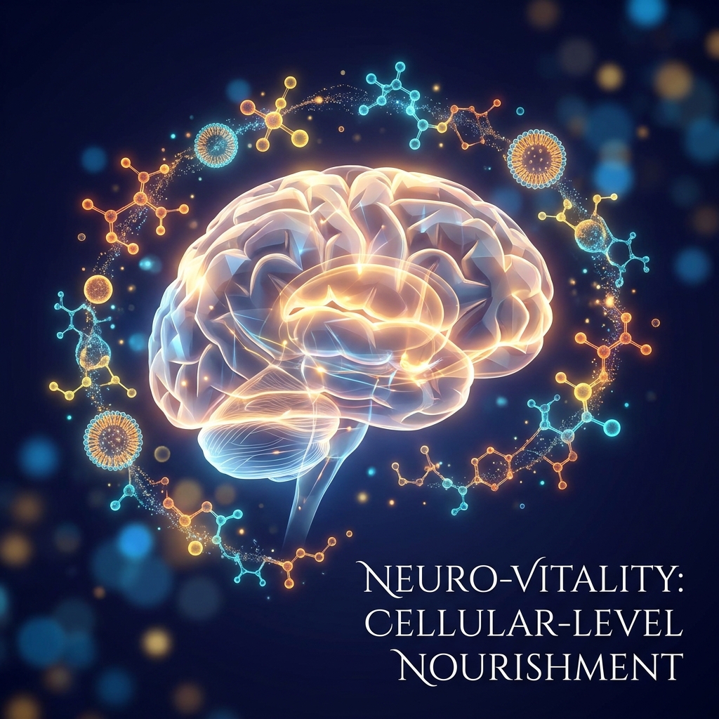 Glowing brain surrounded by molecular structures representing DHA and fish oil supplements for brain health