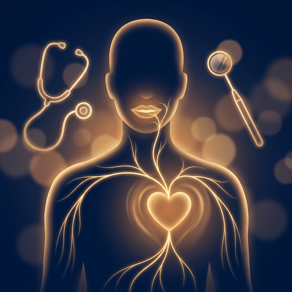 Illustration showing the oral health systemic disease connection with glowing pathways linking mouth and heart in a human silhouette.