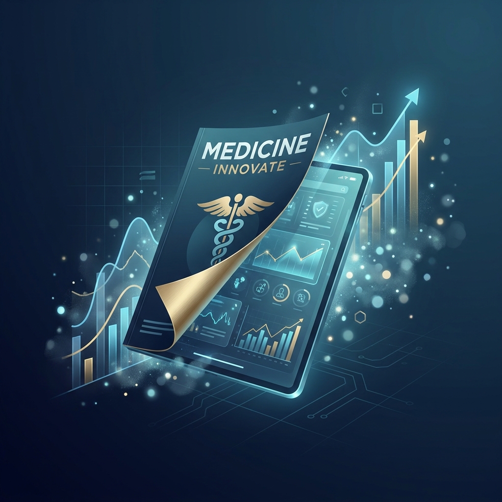 Medical magazine print digital hybrid publication evolving into a digital-first platform with glowing data and growth metrics