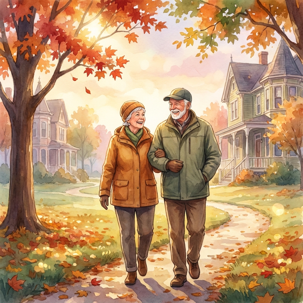 Active older couple walking in a sunlit autumn park, representing healthy aging in Whippany NJ