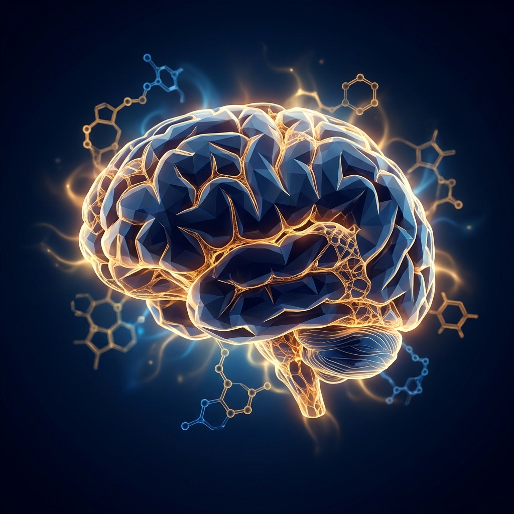 Glowing brain surrounded by luminous plasmalogen lipid membrane structures, representing brain health and cellular protection.