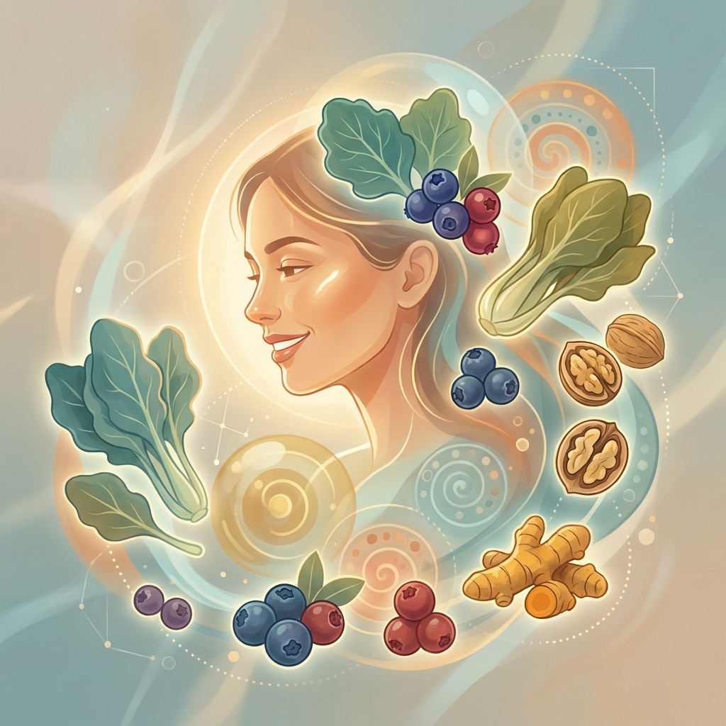Illustration of a glowing woman with healthy skin surrounded by nutrition and gut health elements representing skin health from the inside out