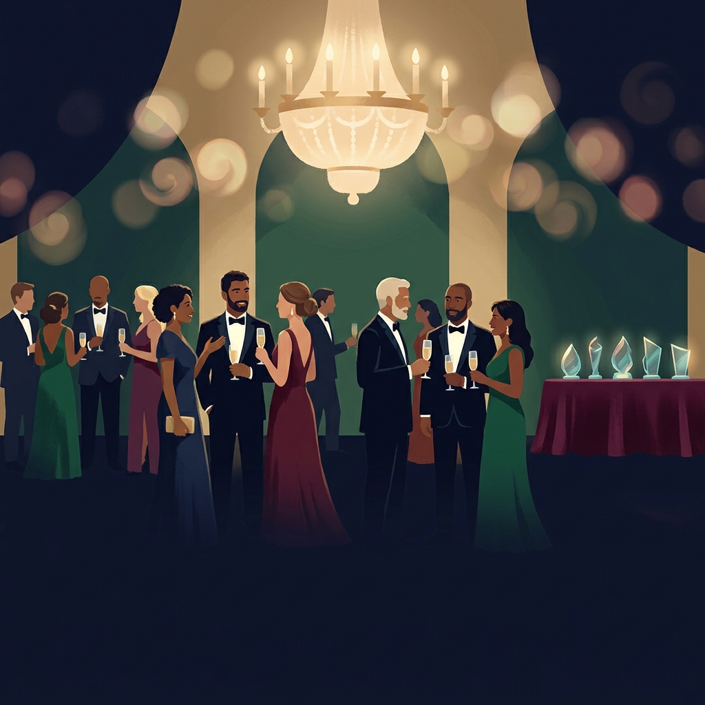 Healthcare gala networking event for doctors in 2026, physicians in formal attire celebrating at an elegant awards ceremony