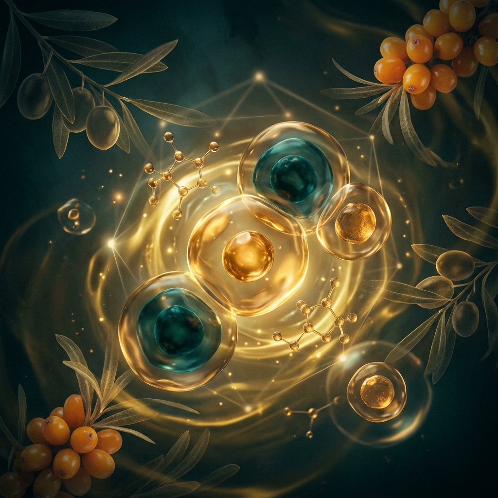 Glowing bioactive compounds from longevity oil interacting with illuminated cellular structures in a scientific illustration