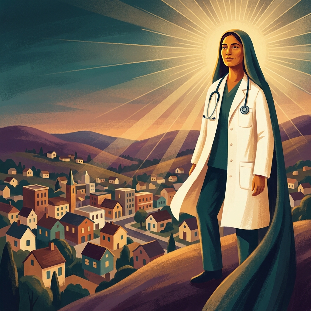 Physician community impact stories — a healthcare hero standing over a rural American town in warm golden light