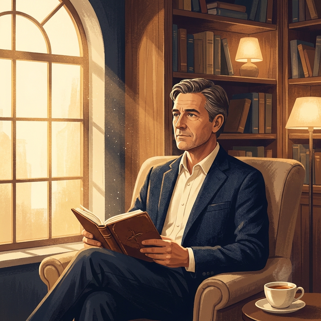 Physician reflecting thoughtfully in warm-lit office, representing healthcare storytelling through physician personal narrative.