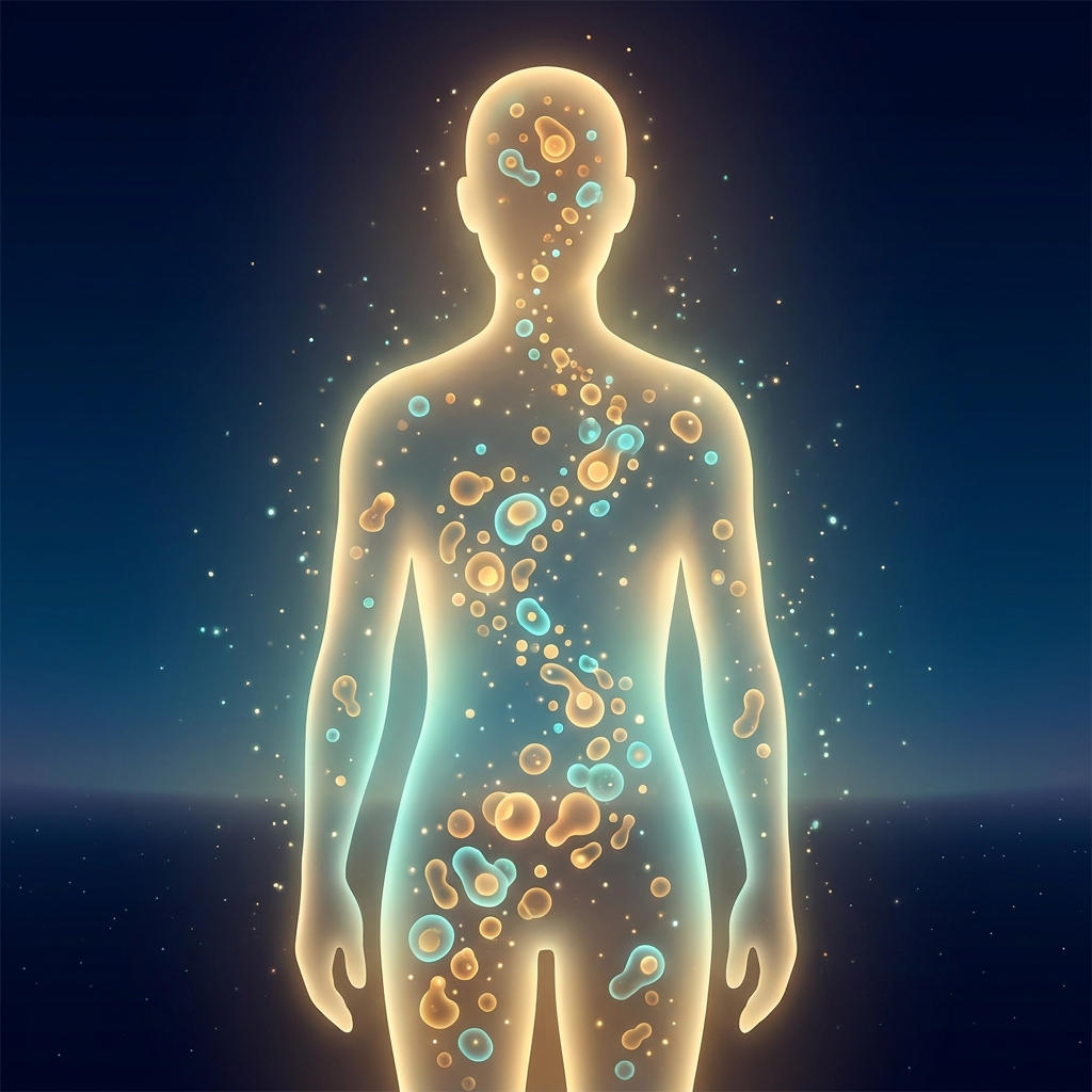 Glowing human silhouette with flowing cellular particles representing supplement longevity and stem cell renewal