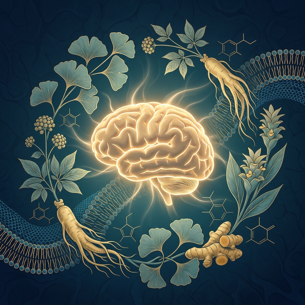 Illustrated glowing brain surrounded by herbal botanicals representing herbal supplements for brain health