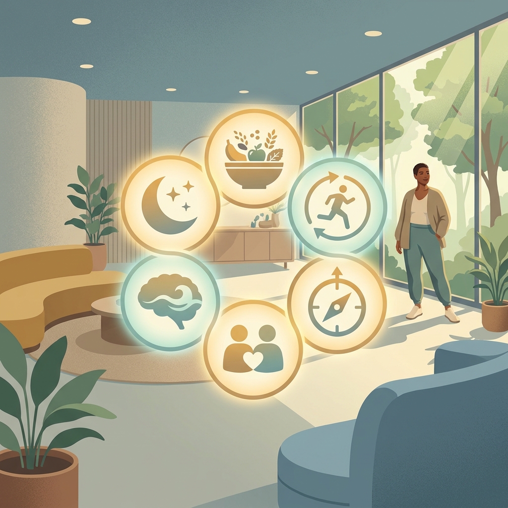Illustration of six evidence-based wellness practice pillars in a modern, doctor-approved lifestyle medicine framework