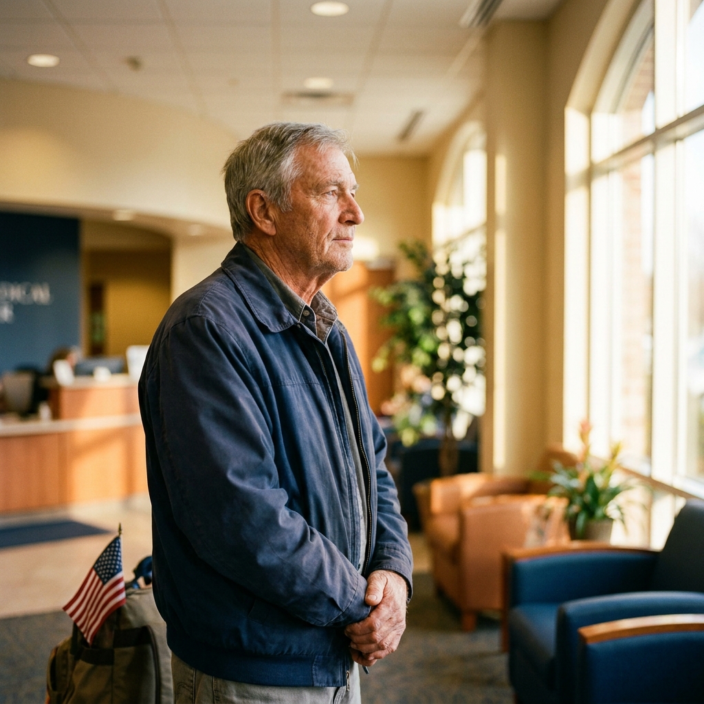 Veteran standing confidently near window in modern facility, representing veteran health care resources and military medicine support.