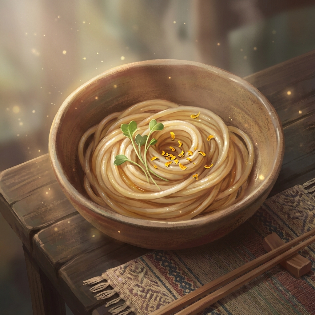 A steaming bowl containing a single unbroken longevity noodle, symbolizing long life and ancient tradition.