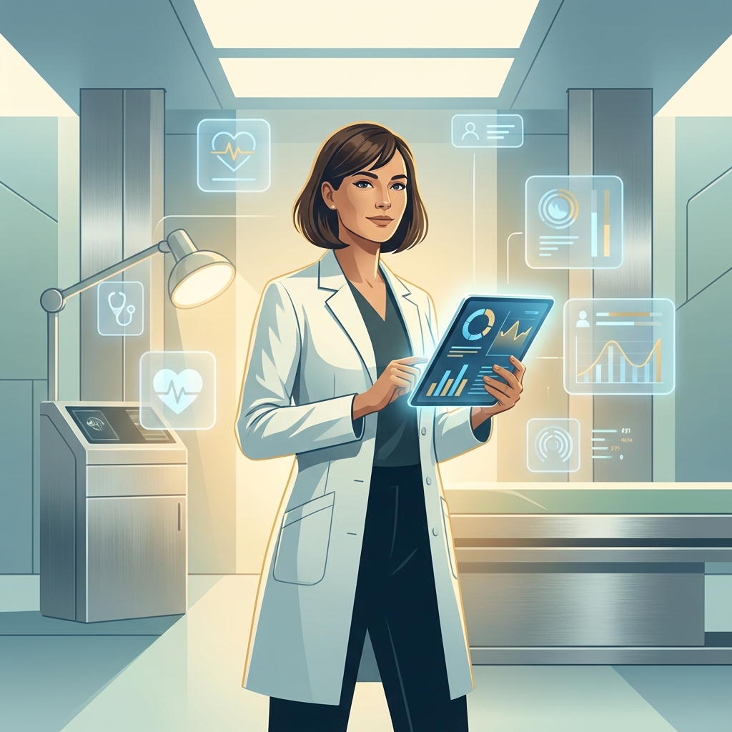 Doctor reviewing biohacking tools approved for health optimization in a modern clinical wellness setting