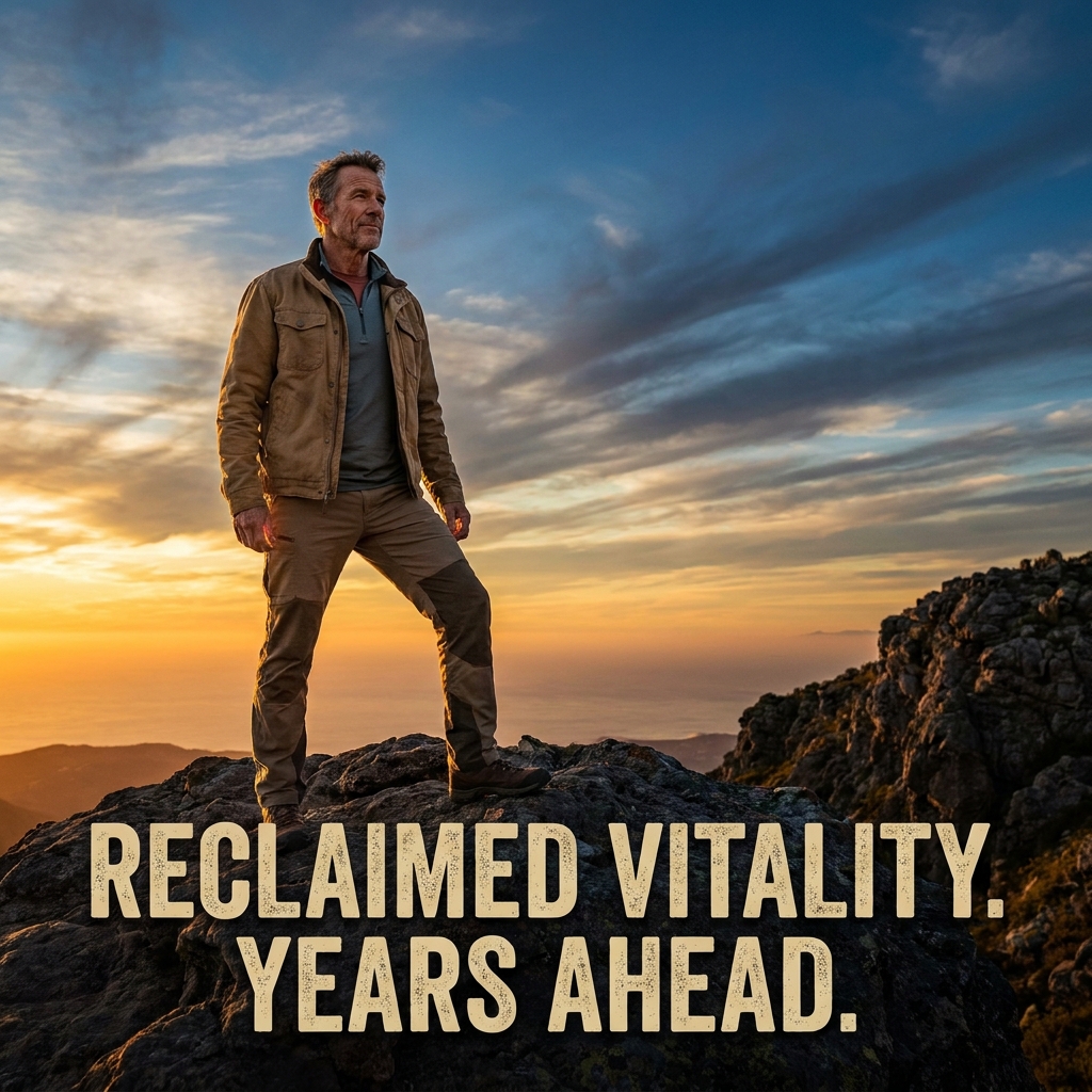 Vital American man standing confidently at mountain overlook at golden hour, representing longevity and healthy aging